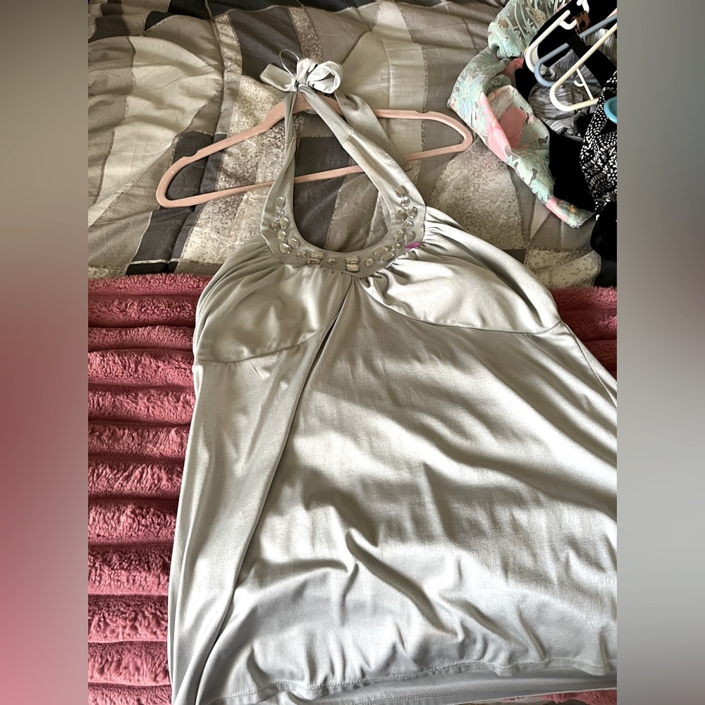 Silver Halter Top with Embellished Neckline